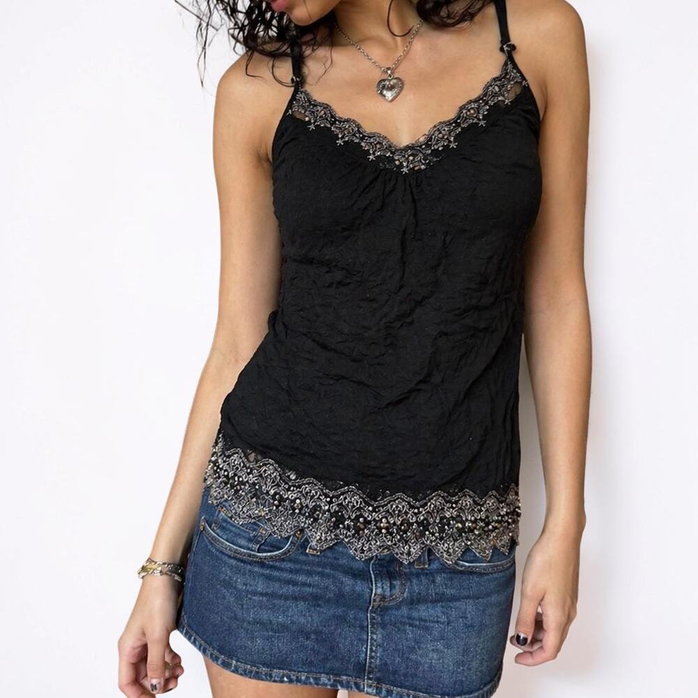 Vintage Y2K Weavers Crinkled Black Lace Sequin Accent Split Hem Cami Small